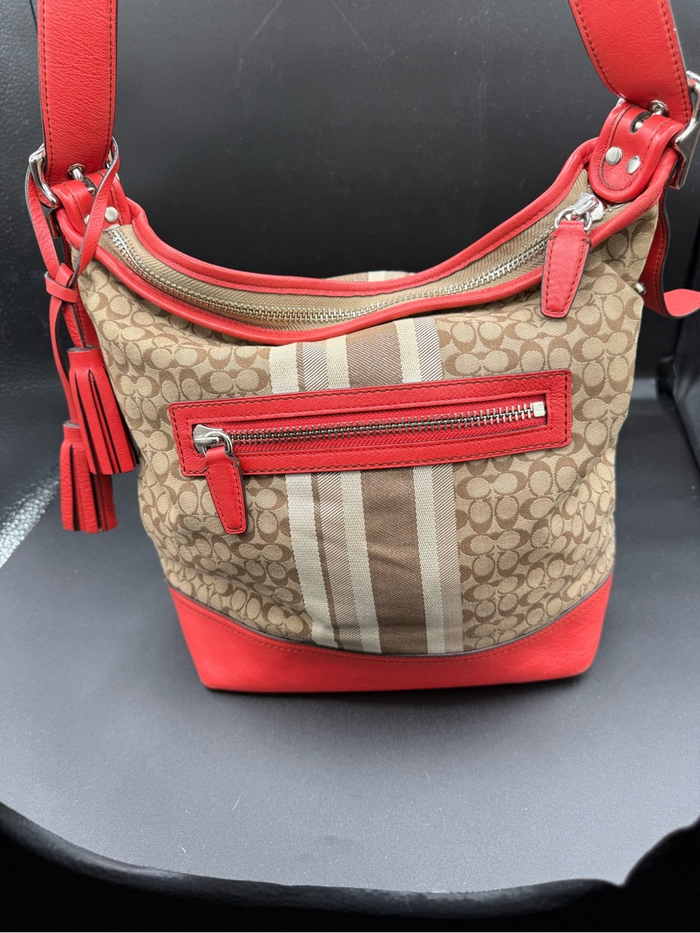 Coach Signature Canvas Hobo with Red Trim